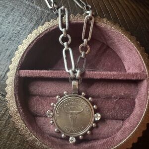 Silver Coin Pendant Necklace with Clear Crystal Accents - Women Jewelry